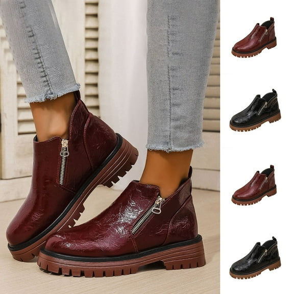 Womens Boots Round Toe Low Heel Side Zipper Short Boots Women's Fashionable Casual Versatile Fall Winter Comfortable Dressy Boots
