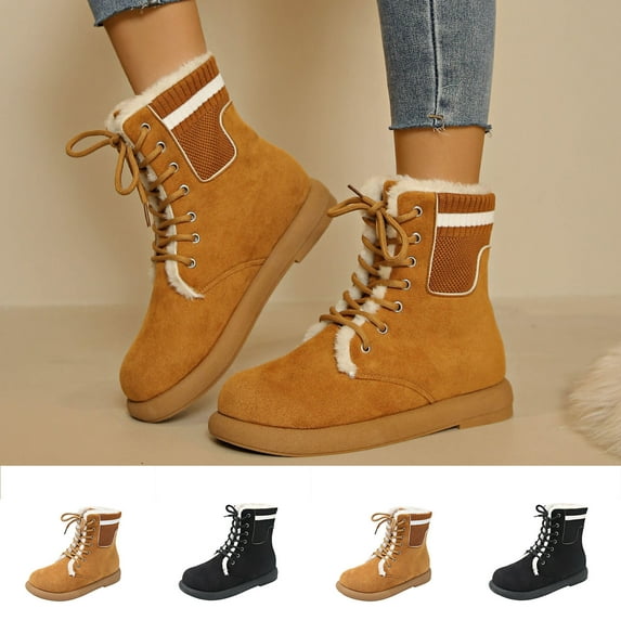 Womens Boots Round Toe Thickened Velvet Solid Color Boots Casual Lace-Up Fall Winter Comfortable Thick Soled Short Boots