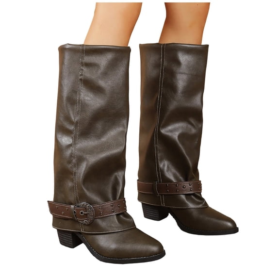 Womens Boots Slouch Knee Ruched Booties Chunky Heel Pointed Toe Casual Fall Winter Fashion Buckle Shoes Brown 7.5