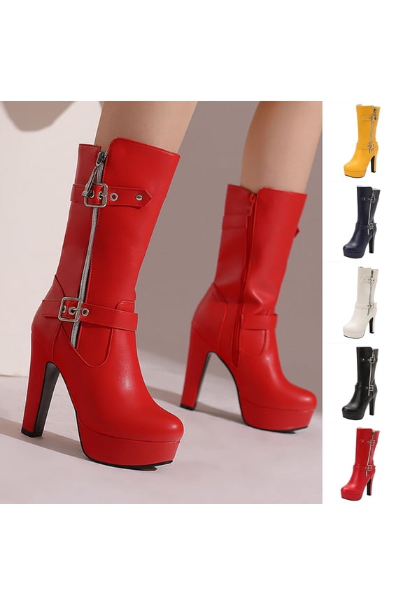 Womens Boots Kitten Heel Square Toe Mid Calf Boots Casual Warm Booties Comfortable Winter Shoe for Women's Trendy Black 5.5