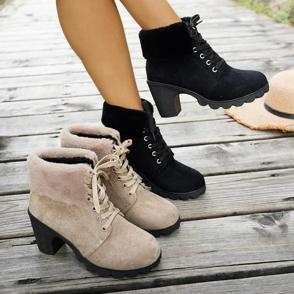 Womens Boots Thick Velvet Chunky Mid Heel Round Toe Lace-Up Ankle Boots Comfortable Vintage Warm Booties Womens Shoes Girls Ladies BootsBlack 8.5