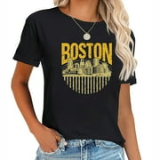 Womens Boston City Skyline Silhouette Sunset, The Hub I Love Boston T-Shirt Black S