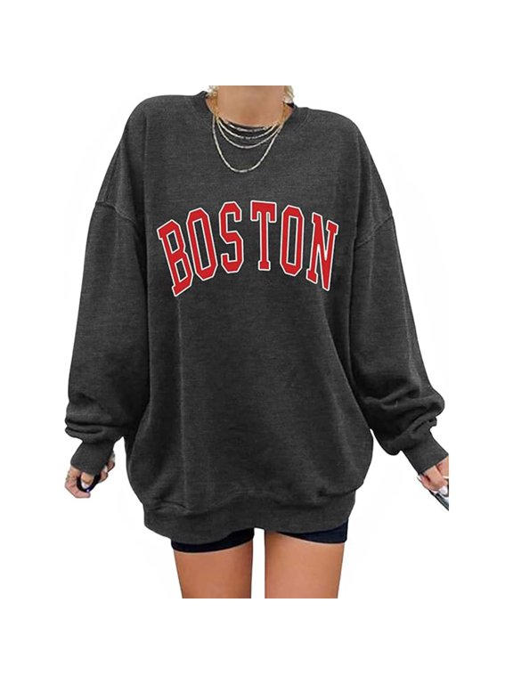 Womens Boston Sweatshirt Letter Print Crew Neck Pullover Long Sleeve Drop Shoulder Oversized Fit City Tops Dark Gray S