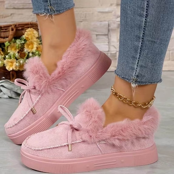 Womens Bow Accent Slip On Snow Boots Fashion Casual Winter Fleece Lined Solid Color Round Toe Closed Chunky Flat Sole Cotton Shoes For Snow Boots For Women
