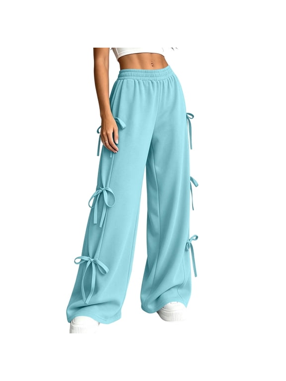 Womens Bow Decor Wide Leg Pants Solid Loose Fit Sweatpants Elastic Waist Casual Bottoms for Daily and Streetwear