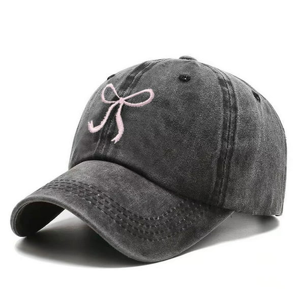 Womens Bow Embroidered Baseball Cap Washed Denim Cute Sun Hat Adjustable For Running Workouts Face Slimming Black One Size