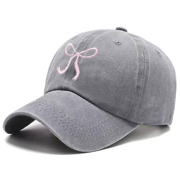 Womens Bow Embroidered Baseball Cap Washed Denim Cute Sun Hat Adjustable For Running Workouts Face Slimming Grey One Size