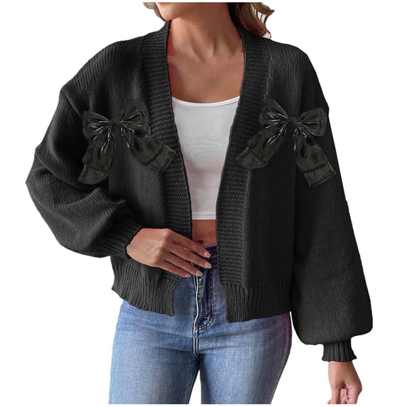 Womens Bow Open Front Cardigan Sweaters Cropped Knit Sweater Long Sleeve Cute Pullovers Trendy Fall Winter Outfits Black, L