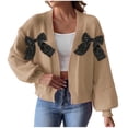 thumbnail image 1 of Womens Bow Open Front Cardigan Sweaters Cropped Knit Sweater Long Sleeve Cute Pullovers Trendy Fall Winter Outfits Khaki, XL, 1 of 5