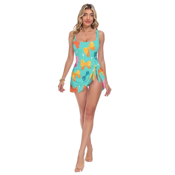 Womens Bow Pattern Print 2-in-1 Swim Dress Detachable Skirt One-Piece Swimsuit Square Neck S-XXL