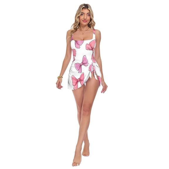 Womens Bow Pattern Print 2-in-1 Swim Dress Detachable Skirt One-Piece Swimsuit Square Neck S-XXL