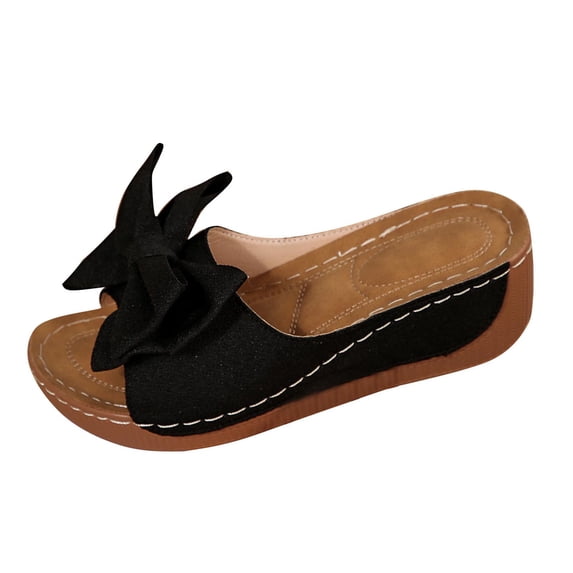 Womens Bow Platform Wedge Slide Sandals - Comfortable Dressy Casual Slip On Summer Shoes, Non-Slip Open Toe, Black,Size 6.5