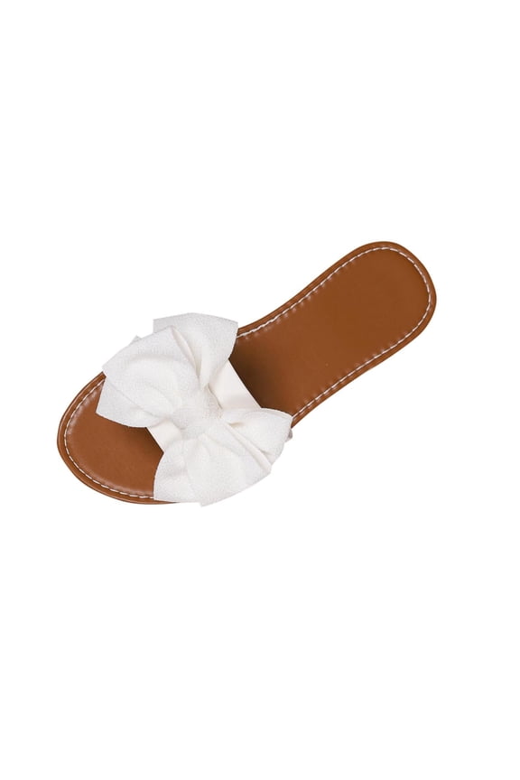 Womens Bow Slide Sandals | Big Bow Flat Slip-On | PU Faux Leather Comfort Sandals for Women | Beige, White, Black,Size 8.5