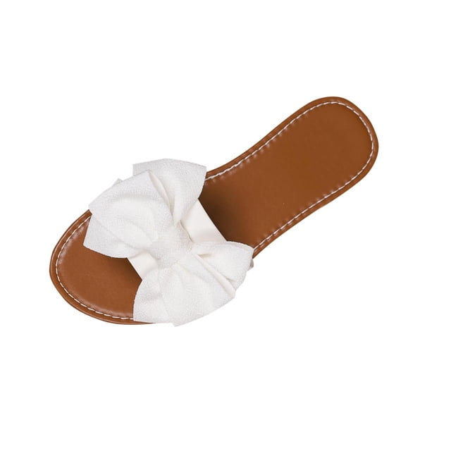 Womens Bow Slide Sandals | Big Bow Flat Slip-On | PU Faux Leather Comfort Sandals for Women | Beige, White, Black,Size 9.5
