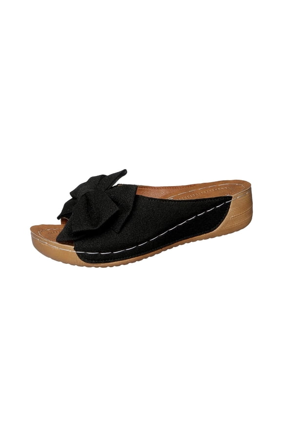 Womens Bow Slide Sandals Comfortable Low Wedge Heel, Open Toe Slip-on Flock Fabric Casual Dressy Summer Black,Size 6
