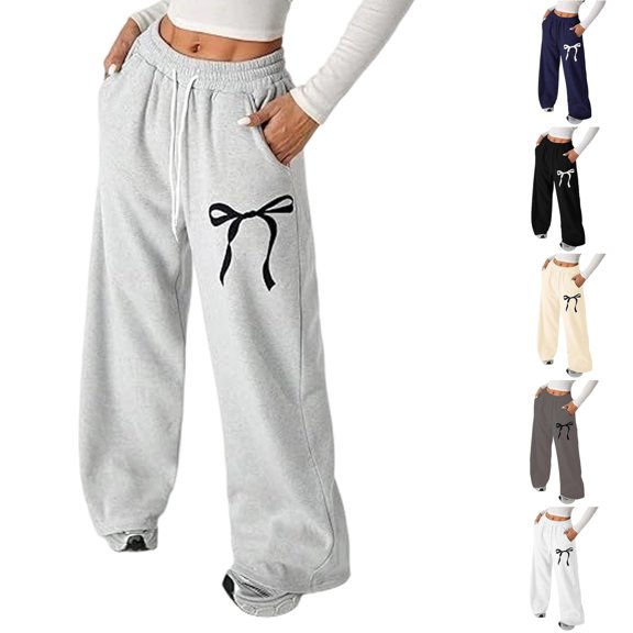 Womens Bow Sweatpants Y2K Bow Detail Soft Loose Fit Casual Pants with Pockets for School and Lounge Pant 2026 Gray S
