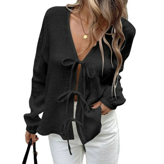 Womens Bow-Tie Front Tops Babydoll Puff Long Sleeve Blouse Y2k Casual Shirt