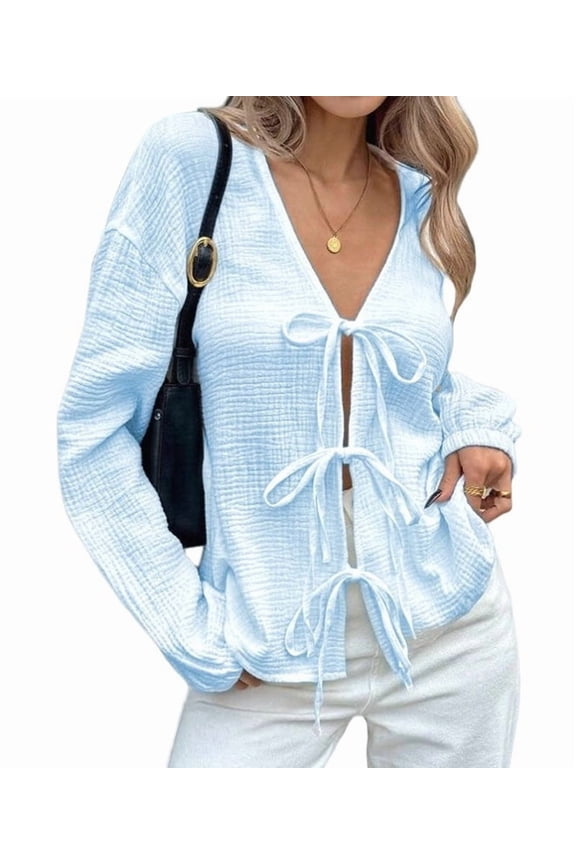 Womens Bow-Tie Front Tops Babydoll Puff Long Sleeve Blouse Y2k Casual Shirt Light Blue S