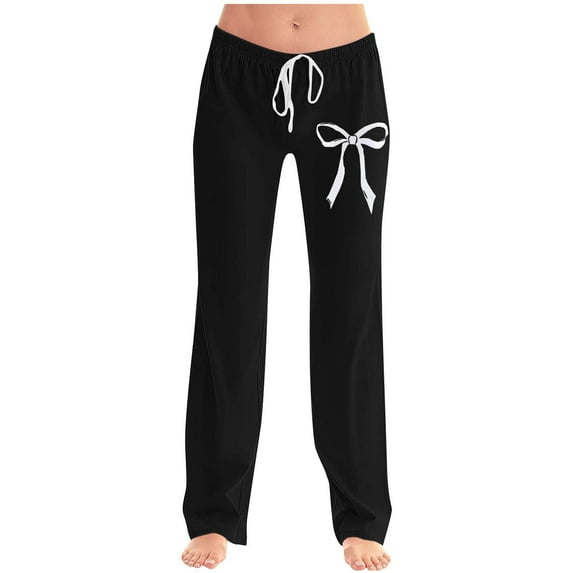 Womens Bowknot Lounge Pants Casual Elastic Mid Waist Drawstring Comfy Soft Wide Leg Loose Pajamas Pants Trousers (XL, Black)
