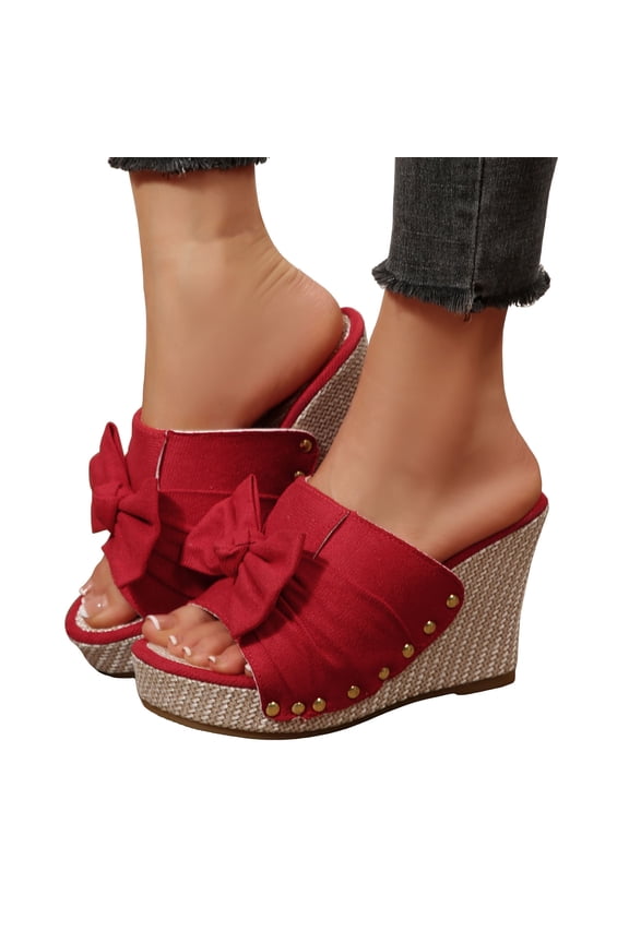 Womens Bowknot Platform Espadrilles Wedge Sandals Slip On Comfortable Canvas Open Toe Slides Dress Shoes Red Size 6.5