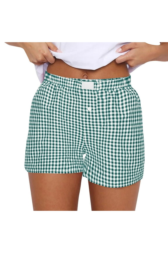 Womens Boxer Shorts Casual Summer Cotton Pajama Lounge Sleep Pj Gingham Plaid Shorts Y2K Beach Bottoms Green S