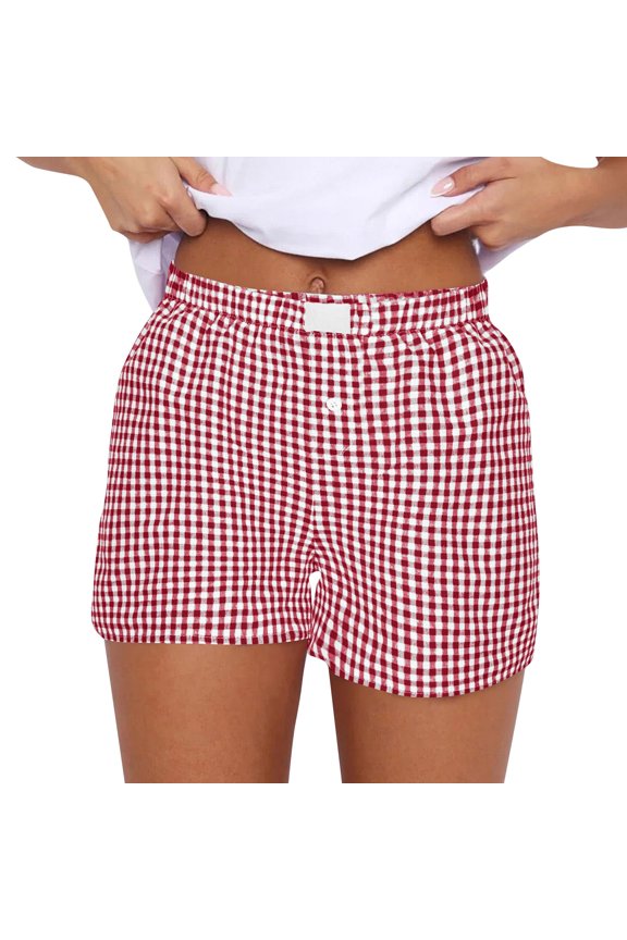 Womens Boxer Shorts Casual Summer Cotton Pajama Lounge Sleep Pj Gingham Plaid Shorts Y2K Beach Bottoms Red XXL
