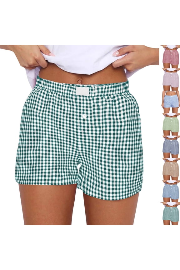Womens Boxer Shorts Casual Summer Pajama Lounge Sleep Pj Gingham Plaid Shorts Y2K Beach Bottoms Green M