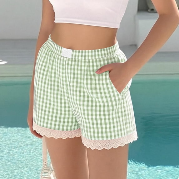 Womens Boxer Shorts Lace Ruffle Hem Pajama Bottoms Summer Plaid Beach Casual Shorts Green M