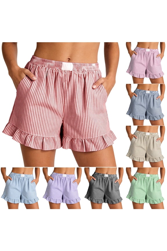 Womens Boxer Shorts Y2K Ruffle Pajama 2026 Summer Spring Lounge Sleep Striped Casual Beach Pj Bottoms Pockets Green, S