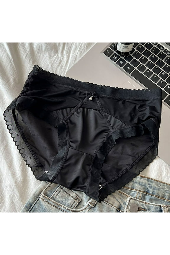 Womens Boxers Underwear Women's Lace Underwear Mid-Waisted Ice Silk Full Cover Underwear Soft Satin High Waisted Panties Lightweight Breathable Underpant Briefs Black