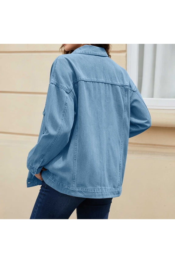 Womens Boxy Jackets versatile seasonal layering lapel design denim jacket Sky Blue L