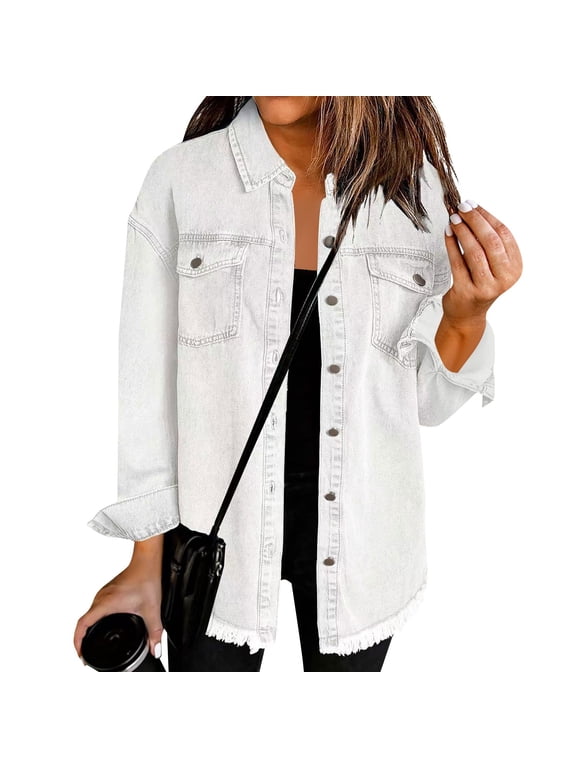 Womens Boyfriend Washed Crop Denim Jean Jacket Coat 12-White M