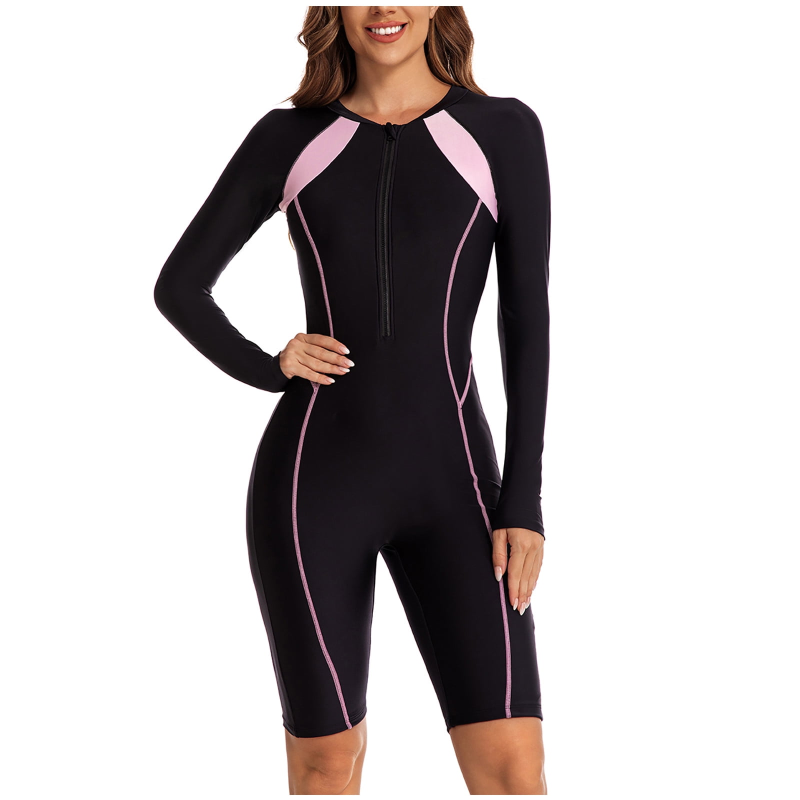 Womens Boyleg One Piece Rash Guard Long Sleeve Swimsuit UPF 50+ Front
