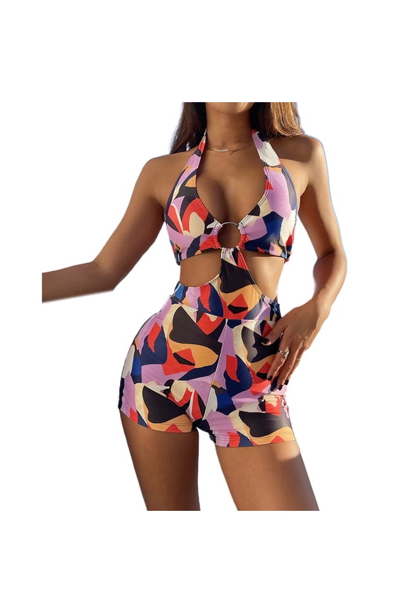 Womens Boyleg Shorts Swimsuit Halter Plunge V Neck Monokini Hollow Out Swimwear