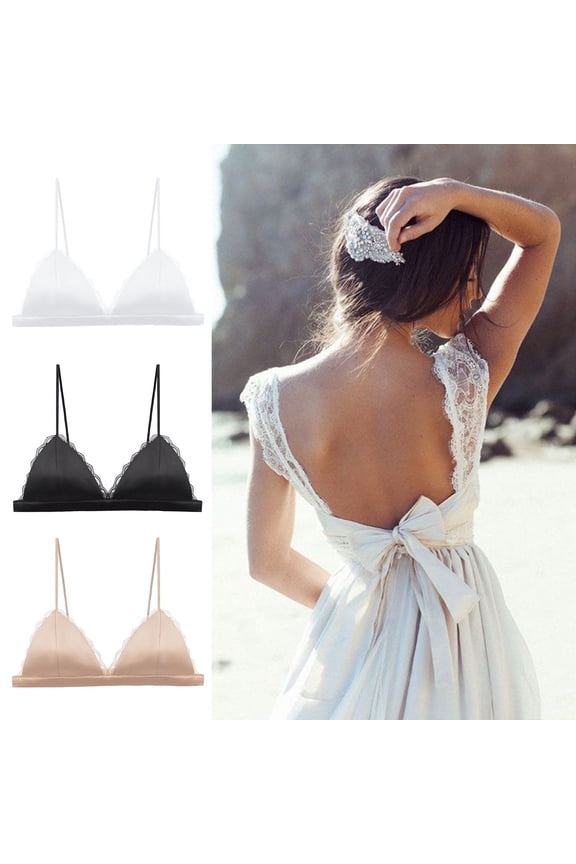 Womens Bra Silk Satin Triangle Bralette Soft Cup Wireless Smooth with Pad Beige M