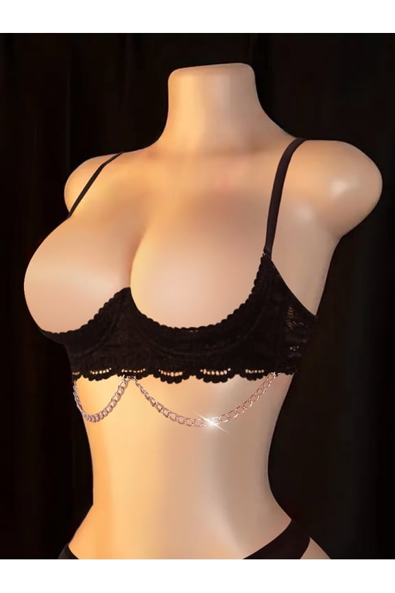 Womens Bralette Unlined Busiter See Through Balconette Teddy Bra Half Cup Lace Bra Chain Decor