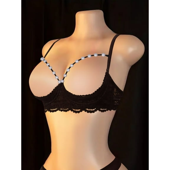 Womens Bralette Unlined Busiter See Through Balconette Teddy Bra Half Cup Lace Bra Pearl Jewelry Decor