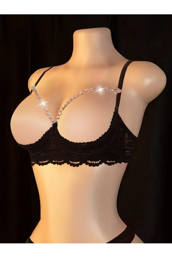 Womens Bralette Unlined Busiter See Through Balconette Teddy Bra Love Ring Half Cup Lace Bra