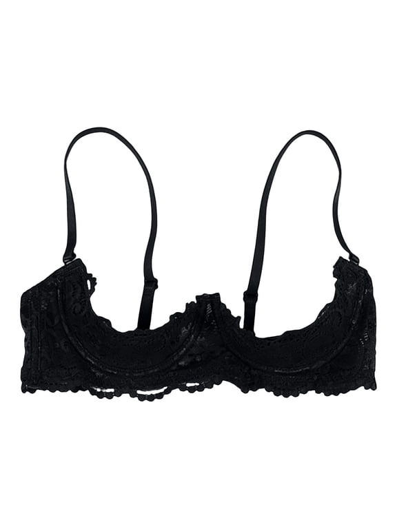 Womens Bras 1/4 Cup Underwire Lace See Through Balconette Padded Bra Push Up Bras for Women