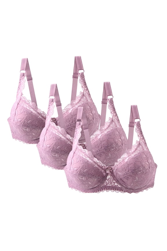 Womens Bras Comfortable Front Closure 3 Packs Women's Lace Bras, Push up Solid Color Soft Balconette Everyday Padding Plus Size Underwire Gathering Underwear Bra 5XL