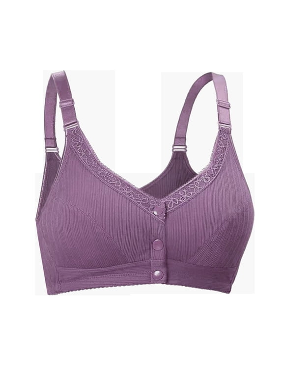 Womens Bras Comfortable Front Closure Ribbed Bras for Women Front Closure No Underwire Soft Comfy Seniors Wireless Snap Closing Brassiere Purple XL