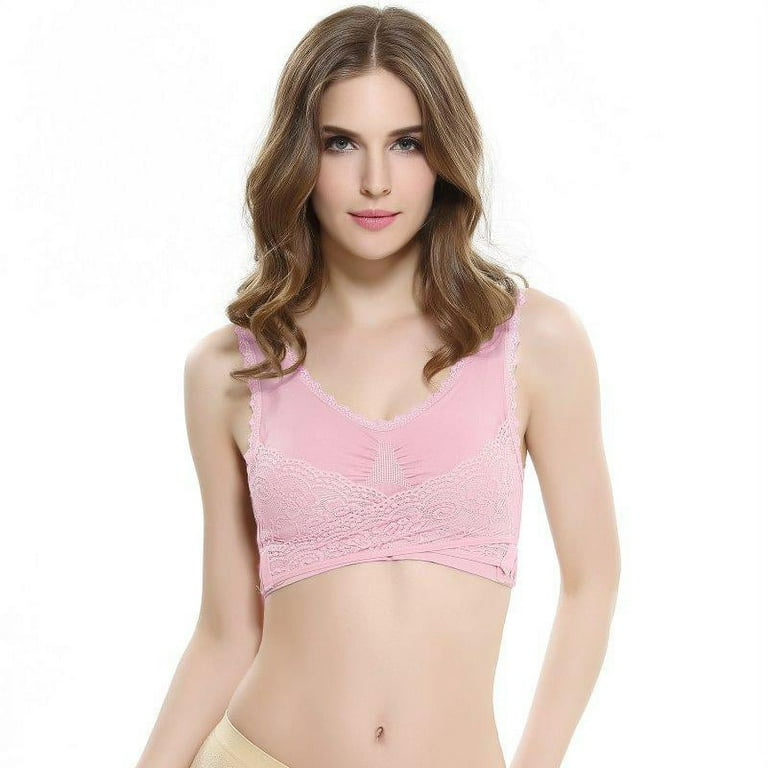 Womens Bras Cross Side Buckle without Wire Lace Gathered Front