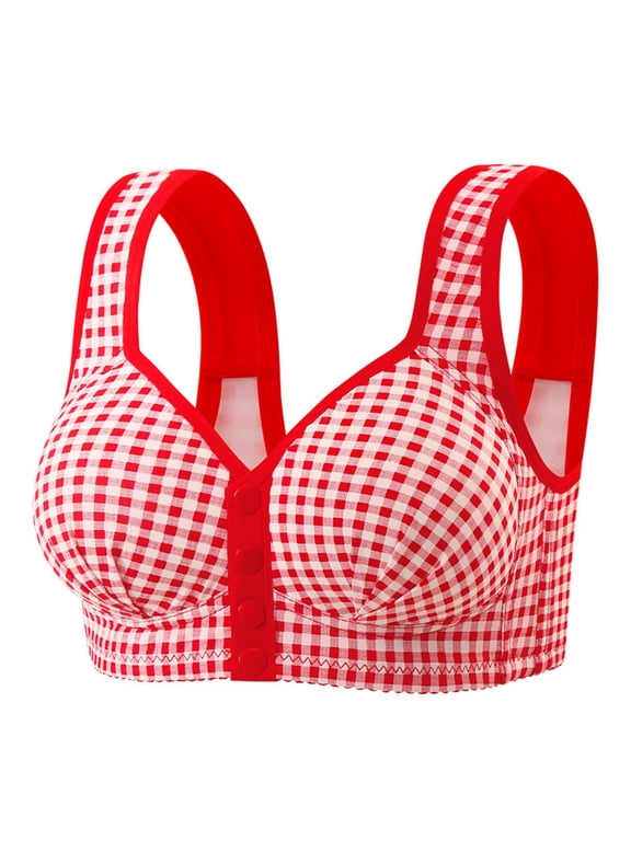 Womens Bras Front Closure Fashion Plaid Wireless Push Up Bra Comfortable Plus Size Bra, Red 46