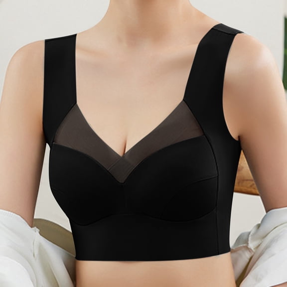 Womens Bras for Older Women Seamless Wireless Posture Correcting Push Up No Underwire Anti Sagging Full Coverage Lightweight Ice Silk Bra Comfy Mesh Soft Padded Back Smoothing Bra, Black 2XL