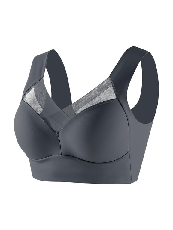 Womens Bras Push Up No Underwire Women's Wide Strap Plus Size Bra, Mesh V-Neck Seamless Full Support Bralette Gray XL