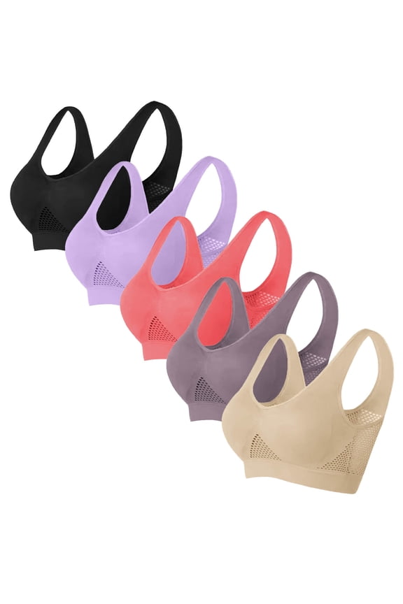 Womens Bras no Wire 5PC No Rims Solid Color Gathered Everyday Underwear Black L