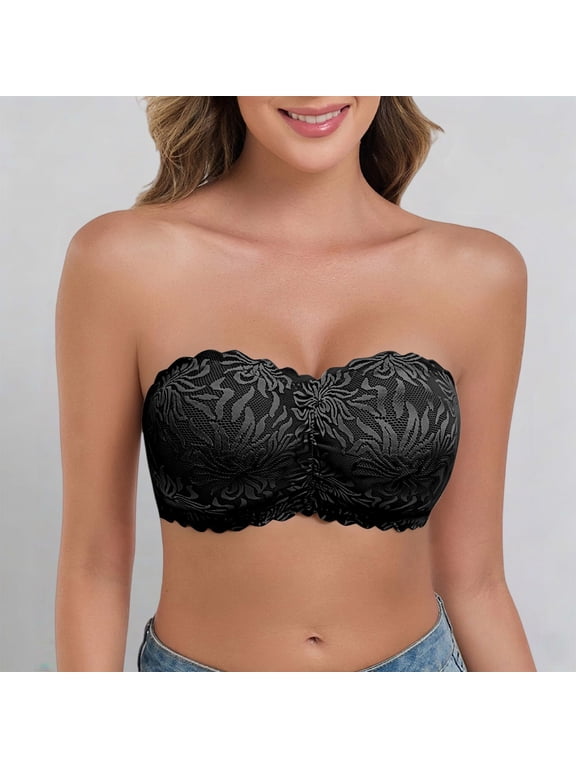 Womens Bras qinhaie Women's Strapless High Support Lace Bra, Comfortable Breathable Wireless, Non-Slip Stay Up Bandeau Black Bra
