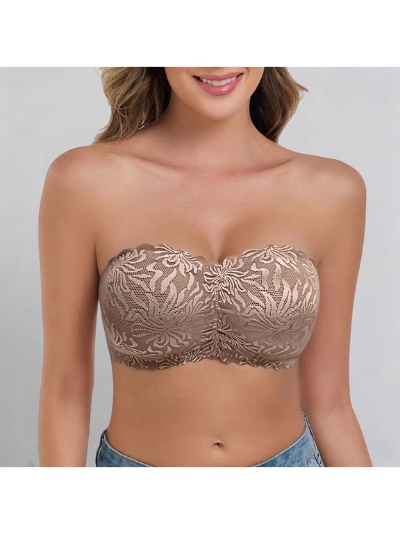 Womens Bras qinhaie Women's Strapless High Support Lace Bra, Comfortable Breathable Wireless, Non-Slip Stay Up Bandeau Brown Bra