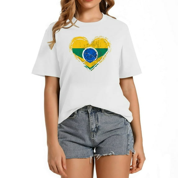 Womens Brazil For Men Brazilian Heart Flag for Women Brasil Casual Shirt White XL