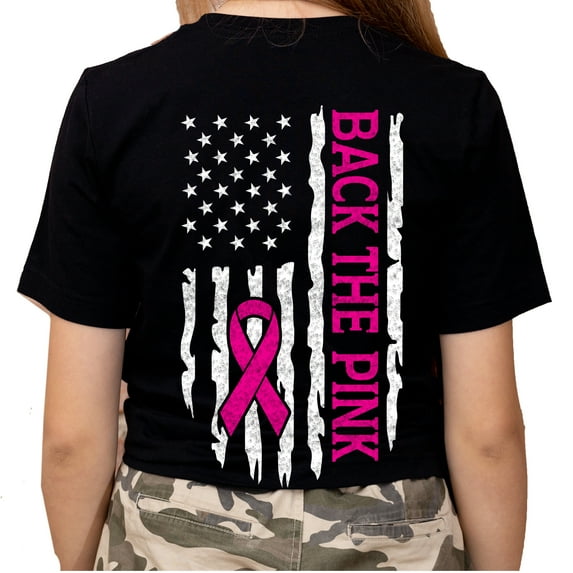 Womens Breast Cancer Awareness Breast Cancer Back The Pink Patriotic Flag Short Sleeve T-shirt-Black-xxxl